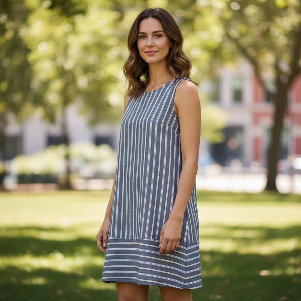 Sleeveless Striped 100% Cotton Shift Dress Zipper Detail Frayed Fringe Preppy‎ S